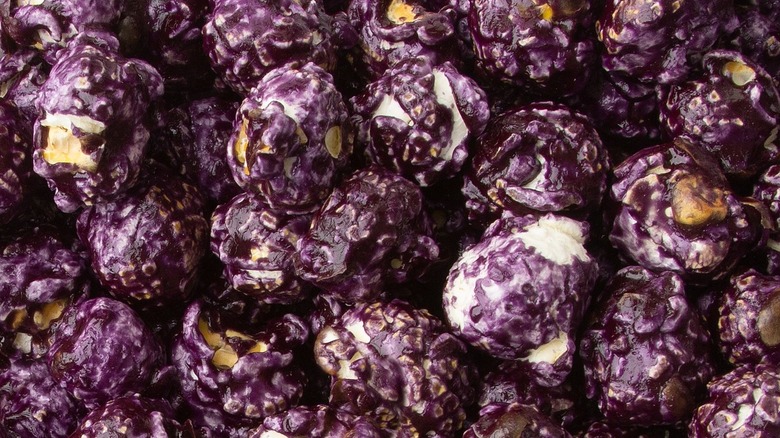 Close up of candy coated purple popcorn