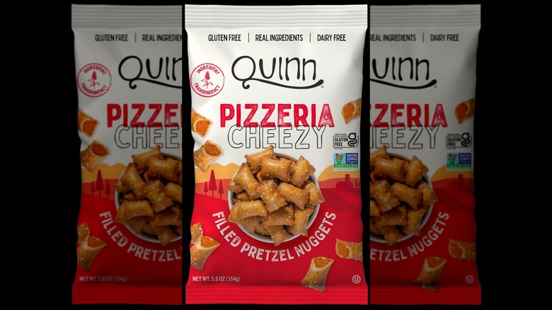 A bag of Quinn pizzeria cheezy pretzel nuggets