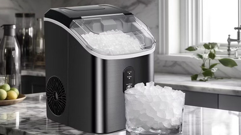 Bowl of ice and countertop ice maker