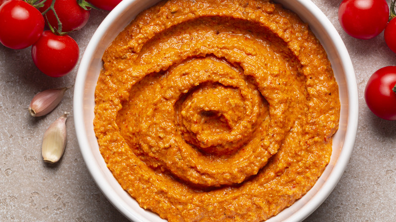 Romesco sauce in a white bowl