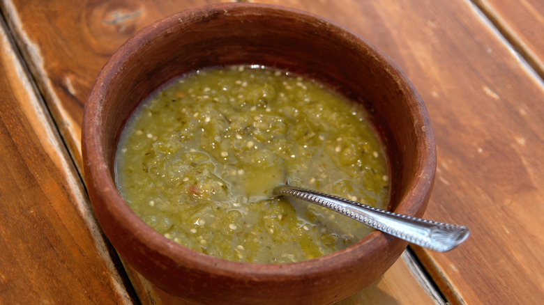 Salsa verde in a brown bowl