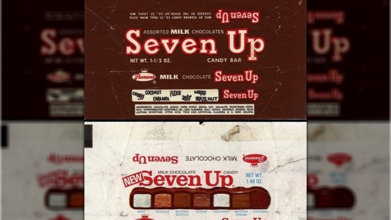 Wrapper from a Seven Up candy bar with a brown version above a white version