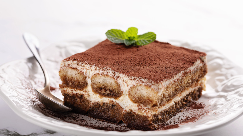 Plate of tiramisu with a spoon