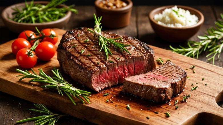 Grilled steak on cutting board with herbs