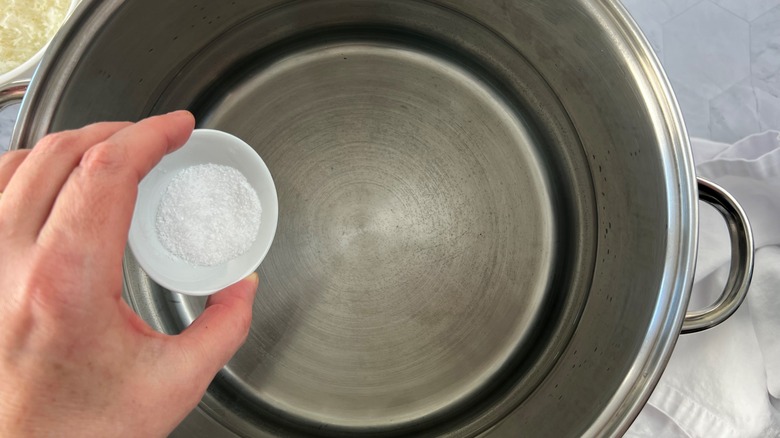 adding salt to water pot