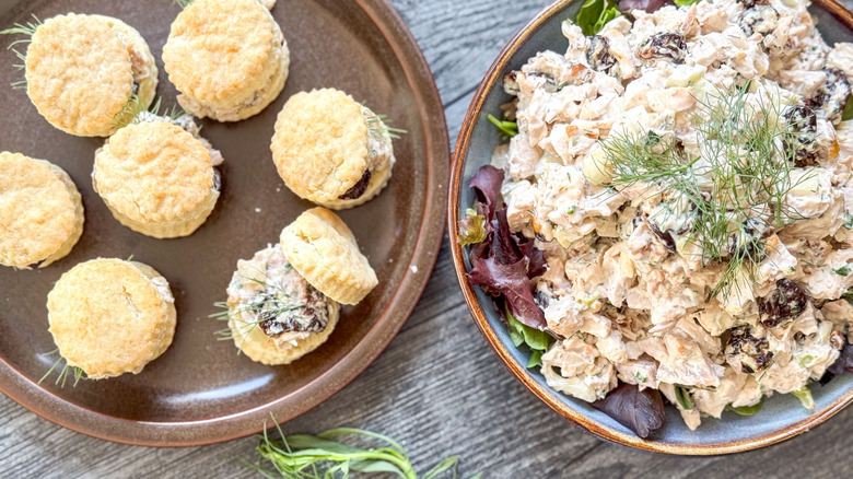 Triple anise chicken salad on serving plate and biscuits