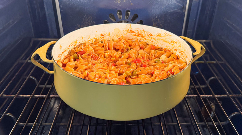 Spanish romesco-y tuna casserole in pot in oven