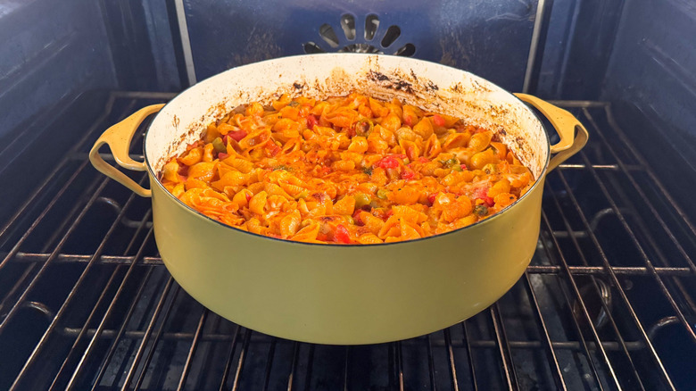 Spanish romesco-y tuna casserole broiling in oven