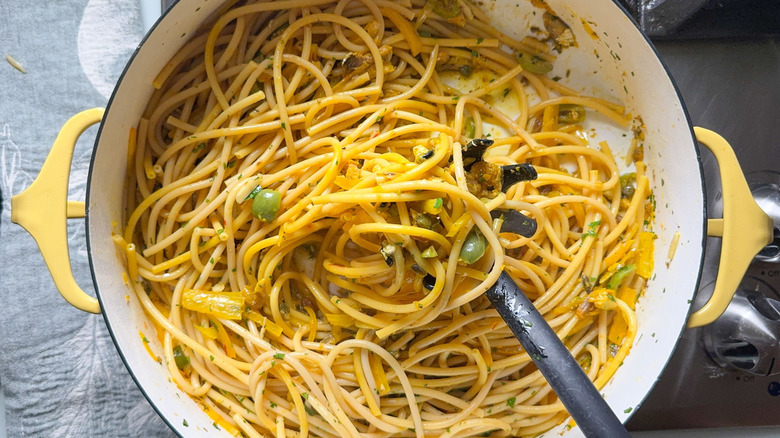 High-protein pasta con le sarde (with sardines) in pot on stove