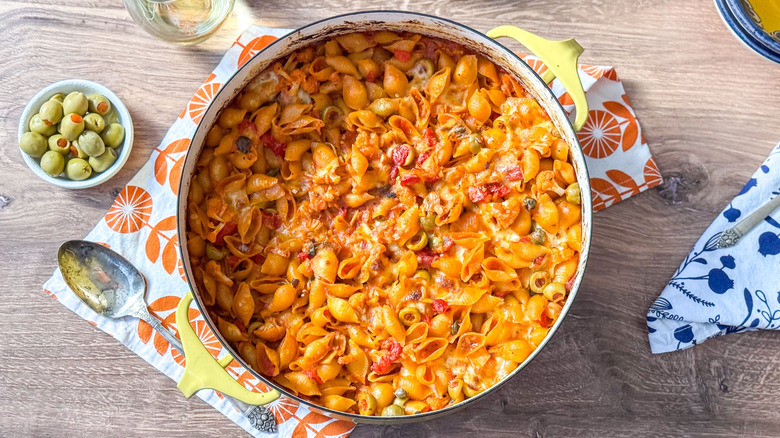 Spanish romesco-y tuna casserole in serving dish on table