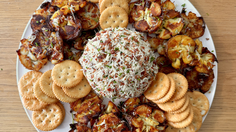 Cheese ball platter with potatoes and crackers