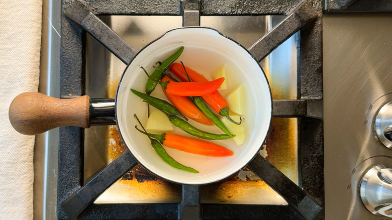 Hot chiles and fresh ginger root in small saucepan on stovetop