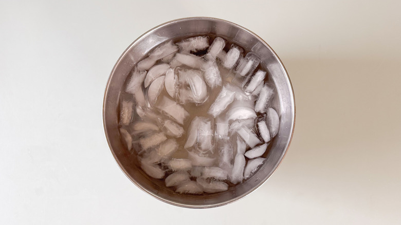Ice and water in stainless steel bowl on countertop