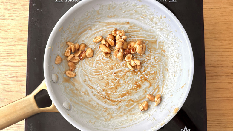 Candied peanuts in a skillet