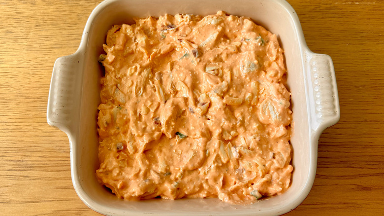 Buffalo chicken dip in baking dish