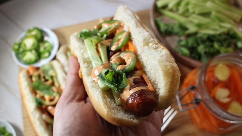 hand holding banh mi hot dog