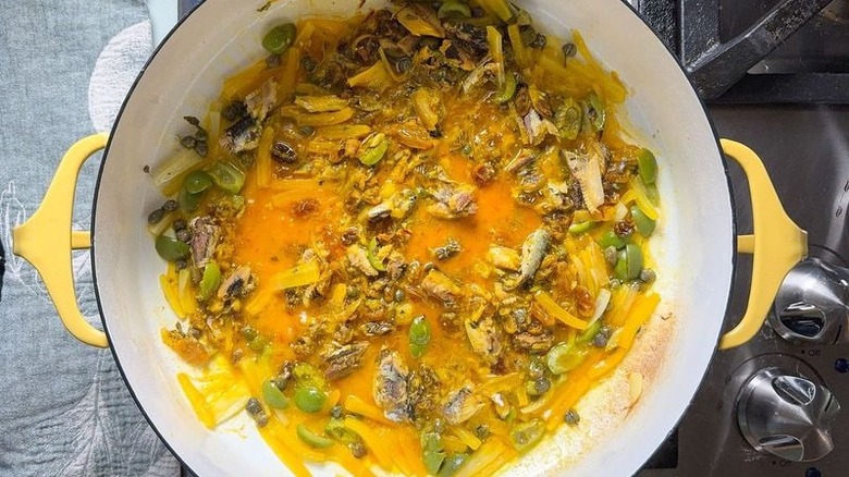 High-protein pasta con le sarde (with sardines) sauce in pan