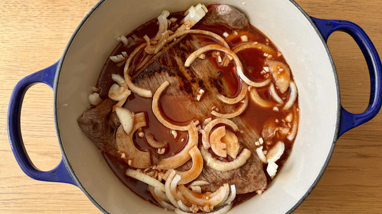 Brisket in Dutch oven before cooking