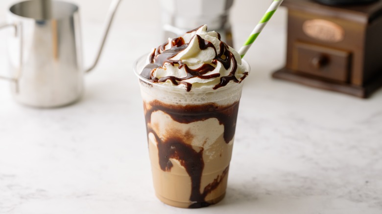 iced mocha with chocolate syrup and whipped cream