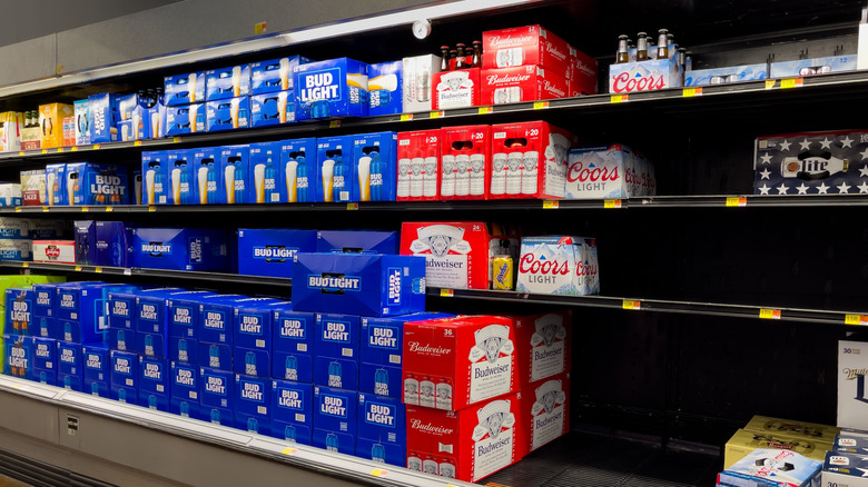 Cases of beer on shelves
