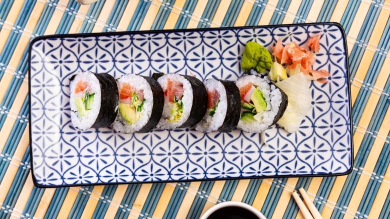 Futomaki, made with fish, lettuce, cucumber, and avacado