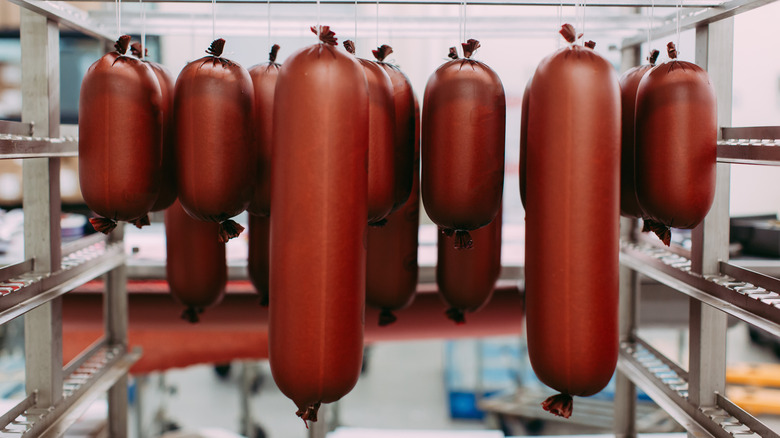 Encased bologna sausage hanging by a string
