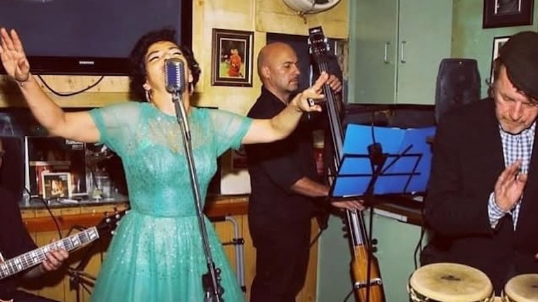 A band performing at Trisha's in Soho, London