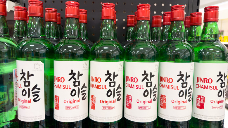 Bottles of Chamisul soju on shelf