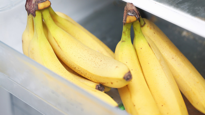 Bunches of bananas in the fridge drawer