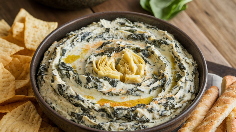 Bowl of spinach artichoke dip surrounded by chips and breadsticks