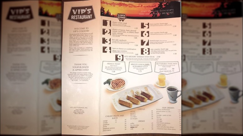 An image of VIP's Restaurant menu