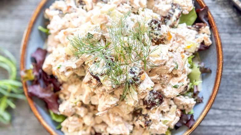 Close up of triple anise chicken salad with fresh fennel fronds