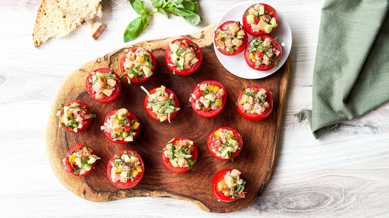 Bite-sized panzanella stuffed tomatoes