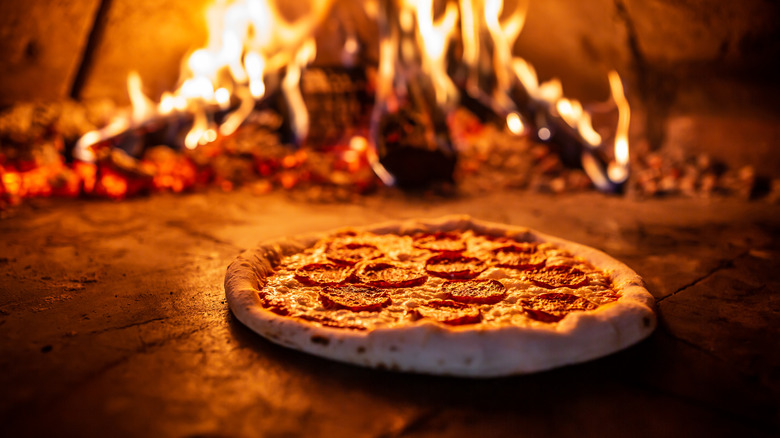 pepperoni pizza in an oven