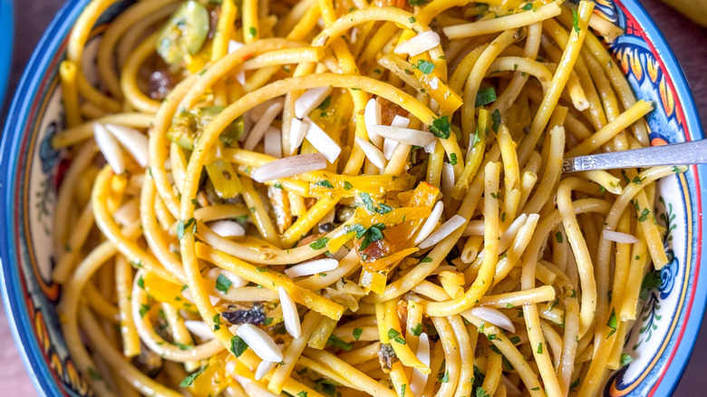 High-protein pasta con le sarde close up in serving bowl