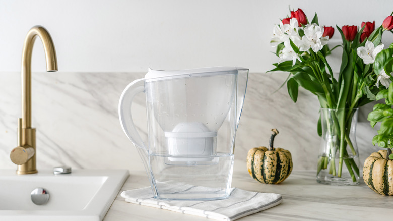 A tabletop water filter on a marble counter.
