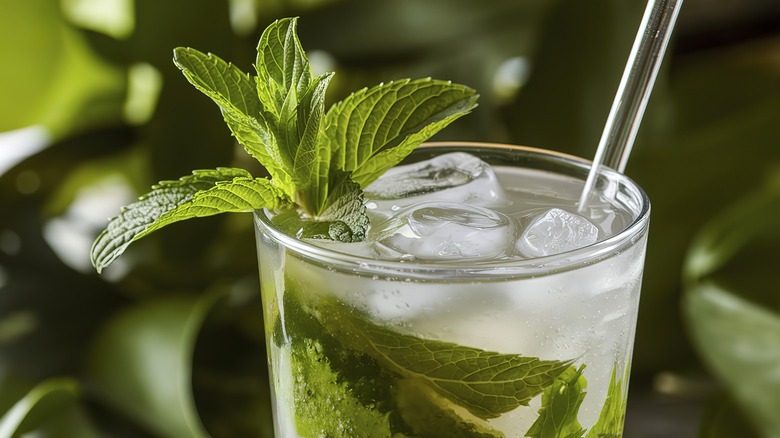 Fresh mint garnishes a mojito in highball glass surrounded by more fresh mint.