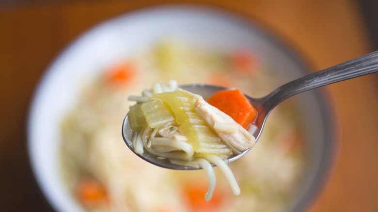 Chicken noodle soup with spoonful raised above bowl